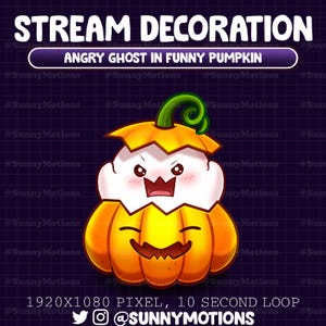 May include: An animated illustration of a white ghost with a grumpy expression peeking out of a bright orange pumpkin. The pumpkin has a carved smile and a green stem. The background is a dark purple grid.