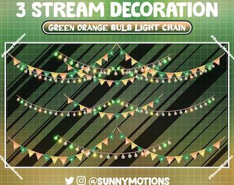 Puede incluir: Tres luces de cadena verde, naranja y amarilla con banderas colgando entre las bombillas. Las luces están sobre un fondo verde con líneas blancas diagonales. El texto "GREEN ORANGE BULB LIGHT CHAIN" está en la parte superior de la imagen.