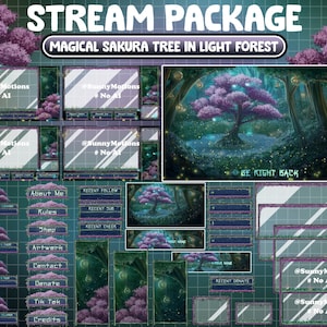 FULL ANIMATED Stream Package: Magical Sakura Tree In Light Green Forest, Butterflies Cherry Blossom,  Cozy Lo-fi Fairy Woods Twitch Overlay