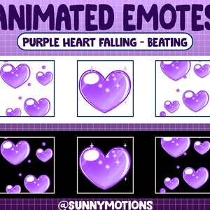 Peut inclure: Émojis animés en forme de cœur violet avec un effet de pulsation. Les cœurs tombent et ont une finition brillante et lustrée. Le texte "Animated Emotes" et "Purple Heart Falling - Beating" est affiché au-dessus des émojis.