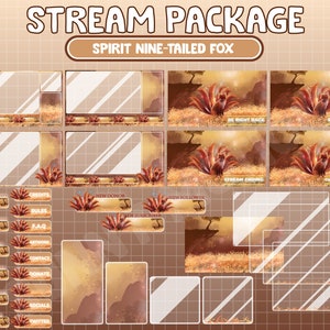 May include: A digital illustration of a nine-tailed fox with a golden glow, surrounded by a field of grass. The image is part of a stream package for online content creators, with various overlays and panels for different stream events, such as starting soon, be right back, stream ending, and currently offline. The package also includes panels for credits, rules, FAQ, artwork, contact, donate, and socials.