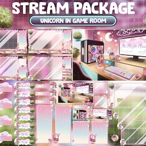 Pacote de fluxo de sobreposição de contração animado animado/Casa de planta rosa retrô estética Lo-fi/Sala de jogos aconchegante para jogadores Kawaii/Tema de unicórnio fofo/Cavalo