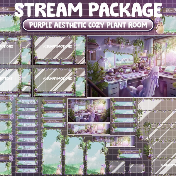 ANIMATED Stream Package: Warm Cozy Spring Lo-fi Desk With Mushroom, Purple Plant House Twitch Overlay Aesthetic Floral Roots, Sakura Garden