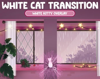 Animated Twitch Stinger Transition / Twitch Cute White Dreamy Kitty Warm House Heavy Rainy Day / Animated Overlay Pink Baby Green Overlay