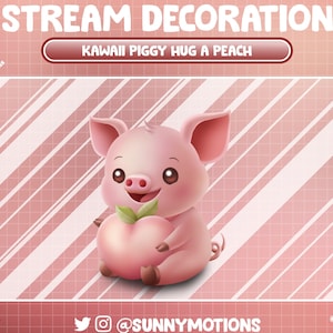 Juguete de peluche suave con decoración de transmisión animada: Cerdito estético abraza un melocotón, complemento Kawaii Spring Pig Lover Twitch Overlay Vtuber Asset