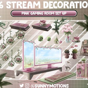 May include: A pink gaming room set up with 36 stream decorations. The set includes hanging plants, a pink computer monitor, a keyboard, a bookshelf, and a pink gaming chair. The text "36 STREAM DECORATION" and "PINK GAMING ROOM SET UP" is displayed at the top of the image.
