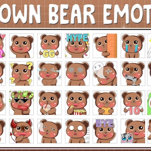 28 Twitch Discord Emotes Cute Brown Bear / Kawai Chibi Emoji / Sub Bit Badges / Cozy RIP Love Lurk Cry Shock Comfy / Stream Emotes Pack