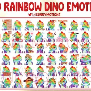 60 Cute Chibi Rainbow Dinosaur Twitch Emotes, Discord, Streamer, Kawai Dino Emoji, Subscriber Loyalty Sub Bit Badges, Monster, Dragon, T-rex