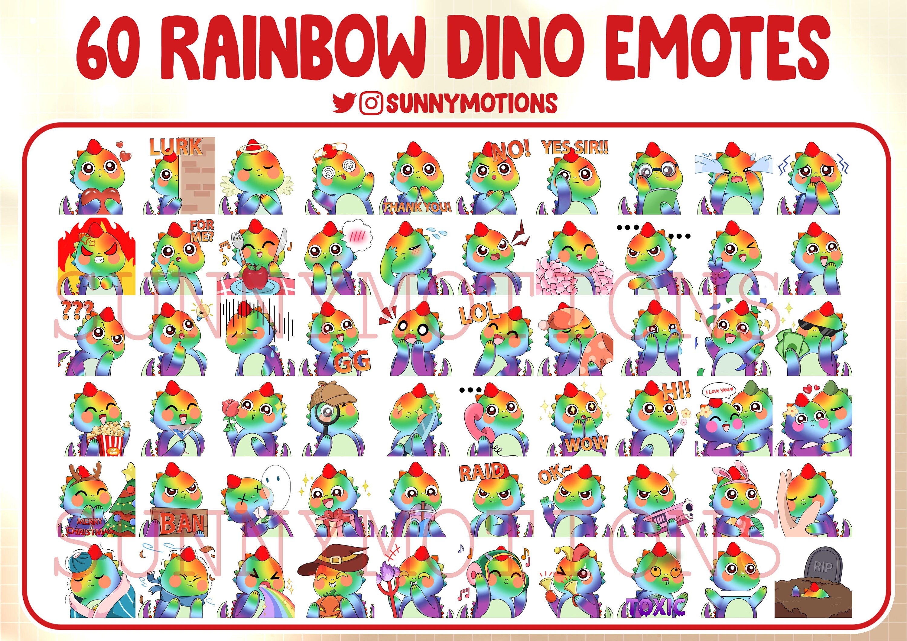 60 Cute Chibi Rainbow Dinosaur Twitch Emotes, Discord, Streamer, Kawai ...