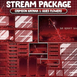 ANIMATED Twitch  Overlay Stream Package: Crimson Katana & Lilies Flowers Screen / Red Blood Theme / Japan Sword / Samurai Meditation Retreat
