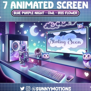 7 sovrapposizioni animate di schermo Twitch per sala PC da gioco accogliente blu viola, scena in streaming Gufo Galassia Kawaii, sfondo Vtuber di notte stellata rilassante