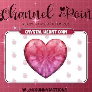 Könnte beinhalten: Eine rosa und rote Kristallherz-Münze mit einem facettierten Design. Die Münze befindet sich auf einem weißen Hintergrund mit einem Muster aus roten Äpfeln. Der Text "CRYSTAL HEART COIN" befindet sich über der Münze. Der Text "Channel Point" befindet sich oben im Bild mit zwei Herzen. Der Text "READY TO USE & OPTIMIZED" befindet sich unter dem Text "Channel Point". Der Text "@SUNNYMOTIONS" befindet sich unten im Bild.