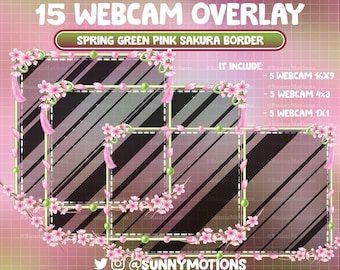 15 superposiciones animadas para webcam con matcha rosa, verde y sakura primaveral, decoración de flor de cerezo, borde acogedor de Twitch con estilo cottagecore floral, transmisión de cámara