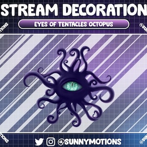 Puede incluir: Ilustración digital en morado y verde de un ojo de pulpo con tentáculos. El fondo es un patrón de rayas moradas y blancas. El texto "EYES OF TENTACLES OCTOPUS" está en un cuadro blanco con borde morado.