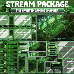 Peut inclure: Ensemble d'éléments superposés numériques verts et noirs pour le streaming sur Twitch ou YouTube avec le texte "The Haunted Gaming Chamber" et "Be Right Back".