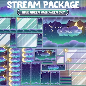Paquete de transmisión de Twitch ANIMADO COMPLETO / Superposición mágica del cielo nocturno de Halloween de terror verde azul / Nube estética / Luna creciente / Cometa, Estrella