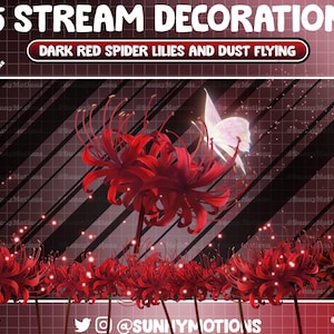 Decoración de transmisión animada: flor estética de lirios araña de color rojo oscuro, flores carmesí, sala de juegos de noche estrellada, superposición de Twitch de mariposa voladora