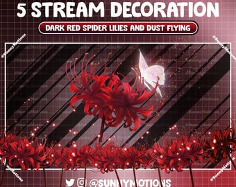 Animated Stream Decoration: Aesthetic Dark Red Spider Lilies Flower, Crimson Floral, Starry Night Game Room, Butterfly Flying Twitch Overlay