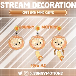 May include: A cute lion wind chime with a yellow and orange color scheme. The lion has a friendly face and is holding a small sun. The wind chime is decorated with the text "Sunny Motions" and the hashtag "#No AI".
