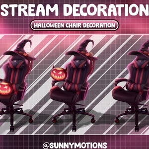 May include: Three black gaming chairs with red accents are decorated for Halloween. Each chair has a witch's hat and a jack-o'-lantern. The text "STREAM DECORATION" and "HALLOWEEN CHAIR DECORATION" is at the top of the image. The text "@SUNNYMOTIONS" is at the bottom of the image.