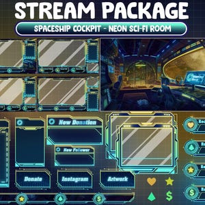 Può includere: Pacchetto di arte digitale per lo streaming, con tema cabina di pilotaggio di navicella spaziale e elementi neon sci-fi. Include vari design di overlay per il gameplay, avvisi di donazione e integrazione dei social media. La tavolozza dei colori è dominata da blu, verde e giallo.