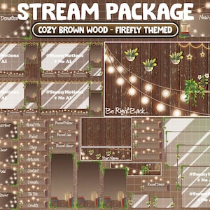 Könnte beinhalten: Ein Set Twitch-Stream-Overlays mit einem gemütlichen braunen Holz- und Glühwürmchen-Thema. Die Overlays beinhalten eine Vielzahl von Panels für verschiedene Stream-Elemente, wie z. B. neuer Abonnent, neuer Follower, neuer Cheer, neuer Raid, neuer Follower, neuer Sub, neuer Cheer, neuer Donator, über mich, Regeln, Shop, Kunstwerke, Kontakt, Spenden, TikTok, Credits und gleich wieder da. Die Overlays zeigen einen rustikalen Holzhintergrund mit Lichterketten, Grünpflanzen und Sternen.