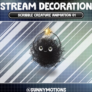Puede incluir: Ilustración digital para la decoración de stream. La imagen presenta una criatura negra y esponjosa con una cara sonriente y un objeto dorado en forma de sol encima. El texto dice "STREAM DECORATION" y "SCRIBBLE CREATURE ANIMATION 01".