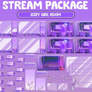FULL ANIMATED Twitch Stream Package Overlay: Egirl Desk Bedroom / Gaming PC Room / Cute Lofi Periwinkle Purple Sakura Cherry Blossom Flower