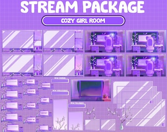 FULL ANIMATED Twitch Stream Package Overlay: Egirl Desk Bedroom / Gaming PC Room / Cute Lofi Periwinkle Purple Sakura Cherry Blossom Flower