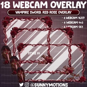 May include: 18 webcam overlays with a vampire sword and red roses theme. The overlays are in three different sizes: 16x9, 4x3, and 1x1. The overlays are designed for use with streaming software and are perfect for adding a touch of gothic elegance to your streams.