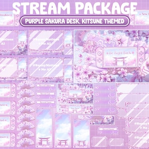 ANIMATED Stream Package: Aesthetic Lo-fi Purple Sakura Desk, Cherry Blossom Game Switch Console, Cozy Kitsune Mask, Morning Japanese Scene