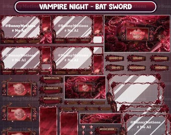 ANIMATED Stream Package: Vampire Gothic Gaming Twitch Overlay, Crimson Bat Sword, Halloween Gothic Bat Flying, Rose Pearls Coffin, Full Moon