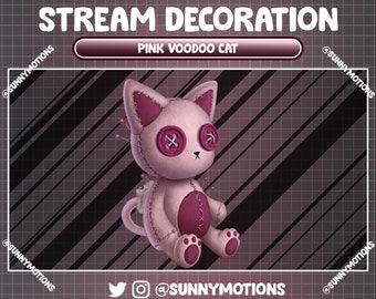 2x Animated Stream Decoration Horror Animal Plushy Toy: Pink Voodoo Kitty Dark Night Halloween Cat, Scary Witchy Meow Doll Twitch Overlay