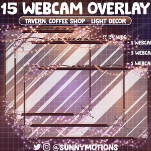 Könnte beinhalten: Ein digitales Overlay zum Streamen mit einem braunen Holzrahmen und Lichterketten. Das Overlay hat einen gestreiften Hintergrund in Lila und Weiß mit dem Text "TAVERN, COFFEE SHOP - LIGHT DECOR" und "IT INCLUDE 5 WEBCAM 5 WEBCAM 5 WEBCAM" oben. Der Text "@SUNNYMOTIONS" befindet sich unten.