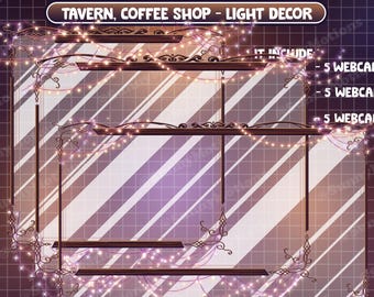 Könnte beinhalten: Ein digitales Overlay zum Streamen mit einem braunen Holzrahmen und Lichterketten. Das Overlay hat einen gestreiften Hintergrund in Lila und Weiß mit dem Text "TAVERN, COFFEE SHOP - LIGHT DECOR" und "IT INCLUDE 5 WEBCAM 5 WEBCAM 5 WEBCAM" oben. Der Text "@SUNNYMOTIONS" befindet sich unten.