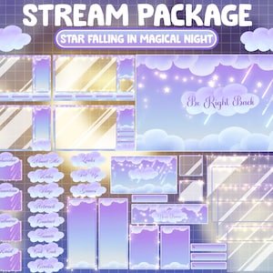 Paquete de transmisión de Twitch ANIMADO COMPLETO / Superposición de cielo nocturno mágico y acogedor / Galaxia de nube estética / Caída de estrellas / Noche de cometas / Paneles de alertas