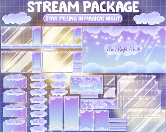 FULL ANIMATED Twitch Stream Package / Cozy Magical Evening Sky Overlay / Aesthetic Cloud Galaxy / Star Falling / Comet Night/ Alerts Panels
