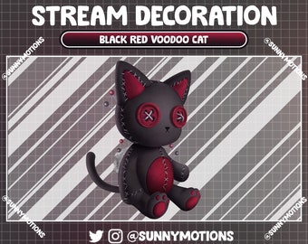 Animated Stream Decoration Horror Animal Plushy Toy: Black Red Voodoo Kitty, Dark Night Halloween Cat, Scary Witchy Meow Doll Twitch Overlay