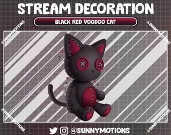 Animated Stream Decoration Horror: Nightmare Black Red Voodoo Kitty Twitch Overlay, Dark Night Halloween Eerie Cat, Scary Witchy Meow Doll..