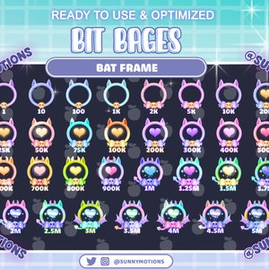 Puede incluir: Un conjunto de 20 insignias animadas de bits de Twitch coloridas con un marco de murciélago. Las insignias presentan diferentes números de bits, de 1 a 5 millones. Las insignias están diseñadas en un estilo lindo y caprichoso, con corazones, calaveras y estrellas.