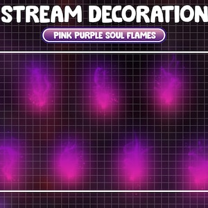May include: Eight pink and purple animated flames on a black and white grid background. The text "PINK PURPLE SOUL FLAMES" is at the top of the image.