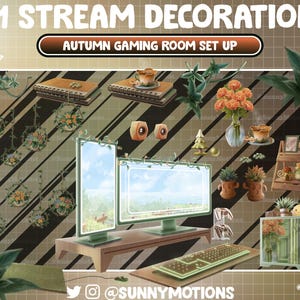 May include: A digital illustration of a gaming room decorated for autumn. The room features a computer monitor, a keyboard, a desk, and various plants and decorations. The text "31 STREAM DECORATION" and "AUTUMN GAMING ROOM SET UP" is displayed at the top of the image.