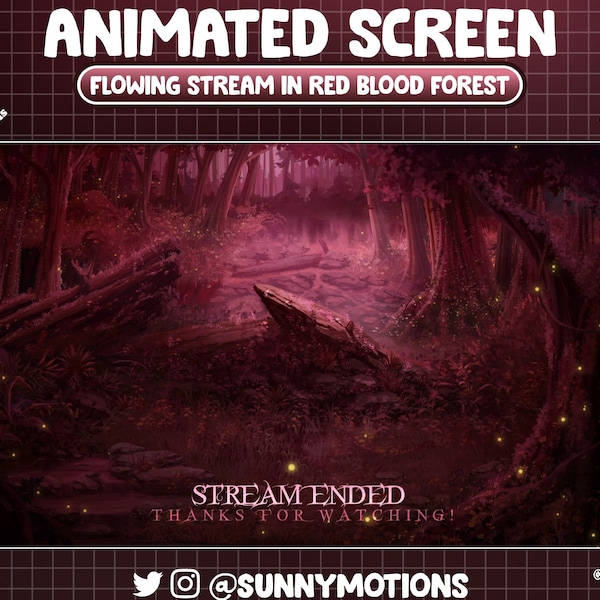 ANIMATED Stream Screen: Flowing Stream In Red Blood Halloween Haunted Forest Night, Tree Trunk Groundwater, Mysterious Woods Twitch Overlay