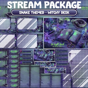 Animated Twitch Stream Package Overlay / Snake Desk / Halloween Spooky, Purple Green Gothic Pumpkin, Candle Skull, Magic Poison, Spooky Book