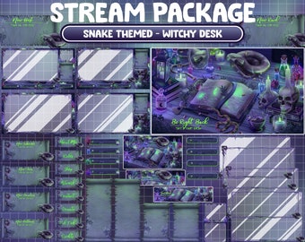 Puede incluir: Un paquete de transmisión de Twitch morado y verde con un tema de serpiente y escritorio de bruja. El paquete incluye una variedad de superposiciones, paneles y alertas. El texto "Nuevo anfitrión", "Nueva incursión" y "Vuelvo enseguida" es visible en la imagen.