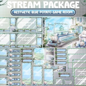 May include: Aesthetic blue and white stream package with the text "STREAM PACKAGE" and "AESTHETIC BLUE POTATO GAME ROOM." The package includes various overlay elements, such as chat boxes, alerts, and scene layouts, all featuring a nature-themed design.