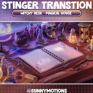 4x Animated Stream Stinger Transition: Aesthetic Cozy Celestial Witchy Desk / Magical Moon Book / Tea Cat Mug / Antique Potion, Candlelight