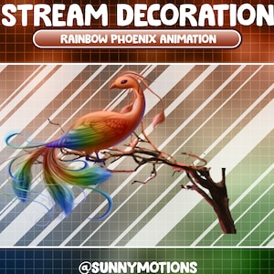 Decoración de transmisión animada Juguete de peluche suave: Lo-fi Estética Rainbow Phoenix / Fire Phoenix Animation Add-on / Kawaii Sky Bird Twitch Overlay