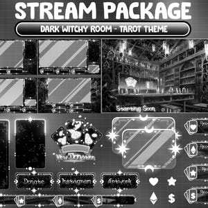 ANIMATED Stream Package: Black White Gothic Tarot Card Room, PC Set Up, Candle, Poison Twitch Overlay, Ghost, Witchy Desk Alert Panel Scene