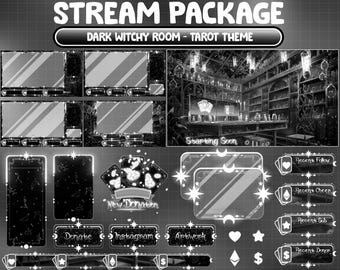 ANIMATED Stream Package: Black White Gothic Tarot Card Room, PC Set Up, Candle, Poison Twitch Overlay, Ghost, Witchy Desk Alert Panel Scene